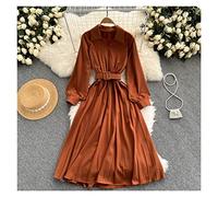 Women Pleated Long Dress Autumn Winter Red V-Neck Puff Long Sleeve High Waist Casual with Sashes (Color : B Size : One Size) (E One Size)