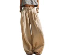 Women Pull on Pants with Pockets Elastic Waist Wide Leg Pants (Khaki,3TG)