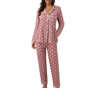 Women Pyjama Set Polka Dot Long Sleeve Button Down Shirts and Pants Loungewear Set Soft Sleepwear Two Piece Pajama Winter Nightwear Casual Homewear PJ B-53