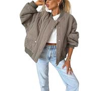 Women Quilted Bomber Jacket Winter Puffer Long Sleeve Solid Color Outerwear (Gray,M)