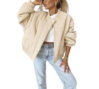Women Quilted Bomber Jacket Winter Puffer Long Sleeve Solid Color Outerwear (Khaki,TG)