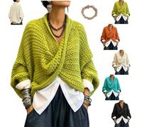 Women’s Chunky Knit Crossover Wrap Pullover Batwing Sleeve V Neck Sweater | Chunky Openwork Knit, Draped Crossover Front, Relaxed Batwing Sleeves and V Neckline,Boho Top for Fall Winter Daily Wear
