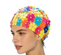 Women’s Floral Swim Cap Nylon Flower Petal Bathing Cap with Rhinestone Accents Ear Coverage Stretchy Swimming Hat for Long Short Hair