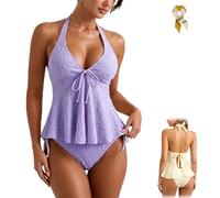 Women’s Peplum Halter Tankini Set,Flowy Bikini Suits with Drawstring,Soft Creamy Textured Halter Ruffle Swimsuits 2 Piece (FR/ES, Alpha/Lettres, Grand, Taille Normale, Taille Normale, Purple)