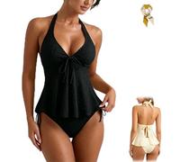 Women’s Peplum Halter Tankini Set,Flowy Bikini Suits with Drawstring,Soft Creamy Textured Halter Ruffle Swimsuits 2 Piece (FR/ES, Alpha/Lettres, Moyen, Taille Normale, Taille Normale, Black)