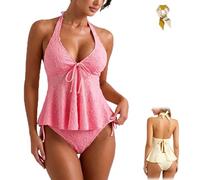 Women’s Peplum Halter Tankini Set,Flowy Bikini Suits with Drawstring,Soft Creamy Textured Halter Ruffle Swimsuits 2 Piece (FR/ES, Alpha/Lettres, Grand, Taille Normale, Taille Normale, Dark Pink)