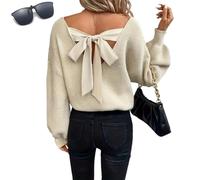 Women Sexy Backless Bow Tied Sweaters,Long Lantern Sleeve V Neck Knit Tops Pullover,Fall Winter Trendy Drop Shoulder Sweater
