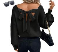 Women Sexy Backless Bow Tied Sweaters,Long Lantern Sleeve V Neck Knit Tops Pullover,Fall Winter Trendy Drop Shoulder Sweater