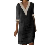 Women Short Sleeve Cotton Linen Dress Summer Casual Solid Color Dresses V Neck Loose Fit Trendy Dress for Vacation Party B-217