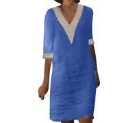 Women Short Sleeve Cotton Linen Dress Summer Casual Solid Color Dresses V Neck Loose Fit Trendy Dress for Vacation Party B-217