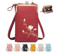 Women Sling Cross-Body Wallet with Mobile Cell Phone Holder,Mini Embroidered Leather Cell Phone Fashion Crossbody Bag (Red)