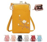 Women Sling Cross-Body Wallet with Mobile Cell Phone Holder,Mini Embroidered Leather Cell Phone Fashion Crossbody Bag (Yellow)