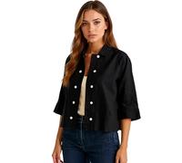Women Solid Black Cotton Linen Button Down Shirt Casual Loose Fit 3/4 Sleeve Cropped Blouse Summer Lightweight Open Front Cardigan Top for Daily