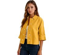 Women Solid Black Cotton Linen Button Down Shirt Casual Loose Fit 3/4 Sleeve Cropped Blouse Summer Lightweight Open Front Cardigan Top for Daily