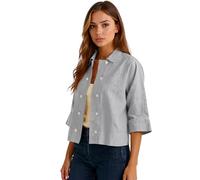 Women Solid Black Cotton Linen Button Down Shirt Casual Loose Fit 3/4 Sleeve Cropped Blouse Summer Lightweight Open Front Cardigan Top for Daily