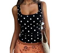Women Square Neck Polka Dot Tank Top Y2k Vintage Sleeveless Crop Tops Summer Going Out Basic Camisole Top (Black,S)