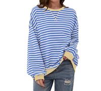 Women Striped Color Block Oversized Sweatshirt Crew Neck Long Sleeve Shirt Pullover Top Casual Loose fit Sweater (Blue Apricot,XL)
