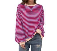 Women Striped Color Block Oversized Sweatshirt Crew Neck Long Sleeve Shirt Pullover Top Casual Loose fit Sweater (Rose Pink,L)