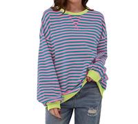 Women Striped Color Block Oversized Sweatshirt Crew Neck Long Sleeve Shirt Pullover Top Casual Loose fit Sweater (Pink Greenish,M)
