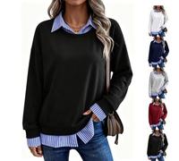 Women Striped Patchwork 2 Piece Sweatshirt Collared Long Sleeve Pullover | Oversized Long Sleeve 2 in 1 Pullover Tops,Relaxed Drop-Shoulder Silhouette,Trendy Fake Two Piece Business Casual Clothes