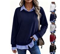 Women Striped Patchwork 2 Piece Sweatshirt Collared Long Sleeve Pullover | Oversized Long Sleeve 2 in 1 Pullover Tops,Relaxed Drop-Shoulder Silhouette,Trendy Fake Two Piece Business Casual Clothes