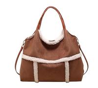 Women Suede Tote with Faux Lamb Wool Lined, Vintage Large Capacity Plush Shoulder Bag, Fall Winter Slouchy Crossbody