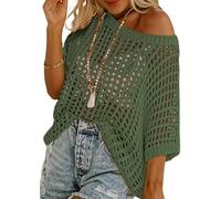 Women Summer Five Quarter Sleeve Cut-Out Pick-up Crochet Tops Off The Shoulder Pullover Beach Smock Knitted Jumper (Army Green,Grand)