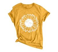 Women Tshirts Summer Casual Crew Neck Floral Top Womens Fashion Short Sleeve T Shirt Stylish Tee Tops Cotton Blouses for Women (Yellow, L)