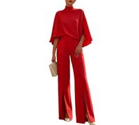 Women Two Piece Pants Set Mock Neck Cape Top High Waist Wide Leg Pants (Red,L)