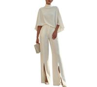 Women Two Piece Pants Set Mock Neck Cape Top High Waist Wide Leg Pants (White,S)