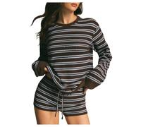Women Two Piece Set Striped Long Sleeve T Shirt Drawstring Shorts (Brown,L)