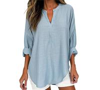 Women V Neck Tops Long Sleeve Cotton Linen Blouse Summer Loose Fit T Shirts Casual Plain Tunic Basic Going Out Shirts B-122