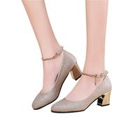 Women Wedding High Heel Shoes Ankle Strap Crystal Shallow Chunky Block Heel Pumps Lady(Gold,35)