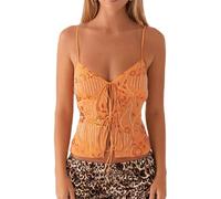 Women Y2k Sequin Cami Top Sequin Tank Top V-Neck Low-Cut Front Tie Cropped Backless Glitter Camisole Sexy Sparkle Lace Up Crop Top Sexy V-Neck Open Back Criss Cross Strap Cropped Tank (Orange,M)