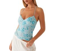 Women Y2K Sequin Cami Top Sexy V Neck Open Back Criss Cross Straps Beaded Sequin Halter Top Womens Glitter Sexy Deep V Neck Sequin Beaded Halter Top (Blue,M)