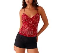 Women Y2K Sequin Cami Top Sexy V Neck Open Back Criss Cross Straps Beaded Sequin Halter Top Womens Glitter Sexy Deep V Neck Sequin Beaded Halter Top (Red,S)