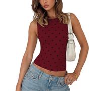 Women Y2k Vintage Polka Dot Tank Top Red and Black Polka Dot Top Summer Crew Neck Sleeveless Slim Fit Vest (Wine Red,M)