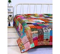 Womencrafts Couvre-lit Indien Patchwork Kantha, jeté de lit réversible en Soie Faite à la Main, Couvre-lit décoratif pour très Grand lit (Multicolore)