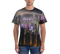 WOmeng Aerial Night of View Hong Kong Imprimé Hommes Praticité Manches Courtes T-shirt Confortable Gym Usage Quotidien Évacuation de l'humidité, Noir , M