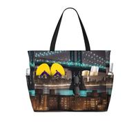 WOmeng New York Manhattan Bridge Sac de plage pliable Sac de plage pratique Sac fourre-tout pratique Vacances d'été pique-nique camping gym usage quotidien