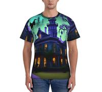 WOmeng T-shirt confortable à manches courtes pour homme imprimé manoir hanté noir, Noir , L