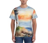 WOmeng T-shirt confortable à manches courtes pour homme imprimé phare pour la gym au quotidien et évacuation de l'humidité, Noir , S