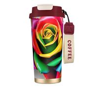 WOmeng Tasse à café en acier inoxydable avec impression de roses arc-en-ciel pour boissons chaudes et froides - Pour le bureau, le camping, un usage quotidien