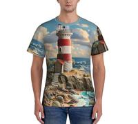 WOmeng The Seaside Lighthouse Print Men Practicality Short Sleeve Comfortable T-Shirt Gym Daily Wear Moisture, Noir , S