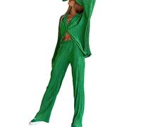 Women's 2 Piece Casual Outfits Long Sleeve Loose Fit Button Down Shirt Wide Leg Long Pants Loungewear Sets (Green, L)
