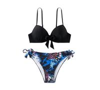 Women's 2 Piece Floral Knot Solid Bikini Set High Cut Triangle Spaghetti Straps Halter Swimsuit, Black, M