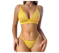 Women's 2 Piece Floral Lace Sheer Lingerie Set Triangle Bra High Cut G String Panty Sets Burgundy Small(Yellow,XS)