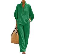 Women's 2 Piece Linen Outfit Casual Batwing Sleeve Top and Wide Leg Pants,Summer Travel Beach Cozy Casual Linen 2 Piece (Green, 3XL)