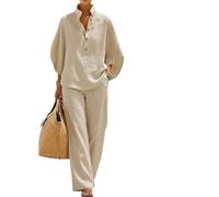 Women's 2 Piece Linen Outfit Casual Batwing Sleeve Top and Wide Leg Pants,Summer Travel Beach Cozy Casual Linen 2 Piece (Khaki, L)