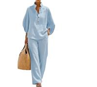 Women's 2 Piece Linen Outfit Casual Batwing Sleeve Top and Wide Leg Pants,Summer Travel Beach Cozy Casual Linen 2 Piece (Light Blue, L)
